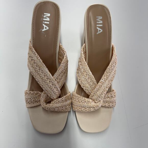 MIA Heels Womens 10 Cream Brenna Woven Block Open Toe Coastal - Picture 2 of 7